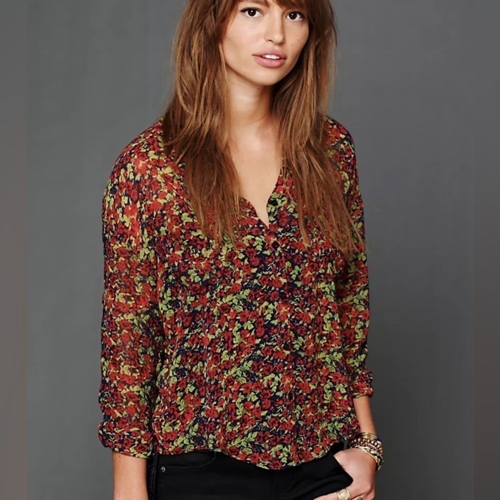 Free People Black Red Boho Floral Sheer blouse size XS